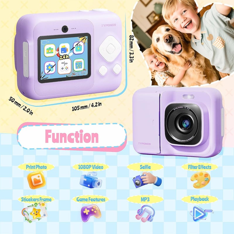 TYPONOS Instant Print Camera for Kids, Christmas Birthday Gifts for Girls Boys Age 3-12, Kids Cameras, Portable Toy Camera for 3 4 5 6 7 8 9 10 Year Old Girl with 32GB SD Card, Purple - Image 2